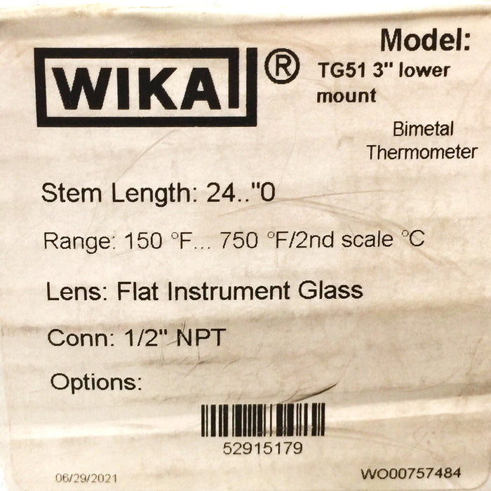 Wika TG51 3" Bimetal Dial 1/2" NPT Thermometer with a 24" Stem 52915179 NOS
