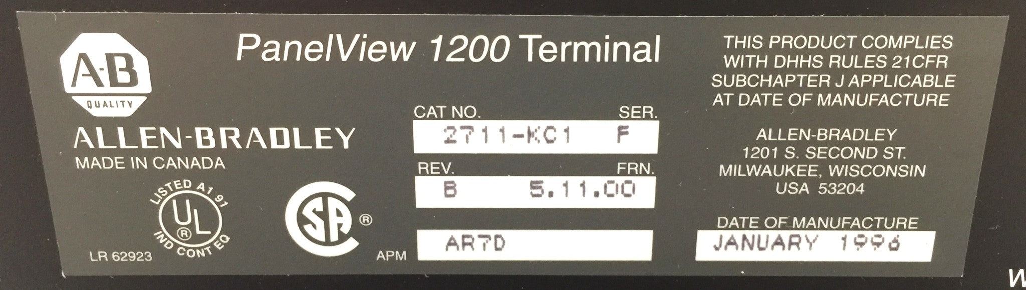 Allen-Bradley PanelView 1200 Terminal 2711-KC1 Ser.F/Rev.B FRN. 5.11.00 NOS