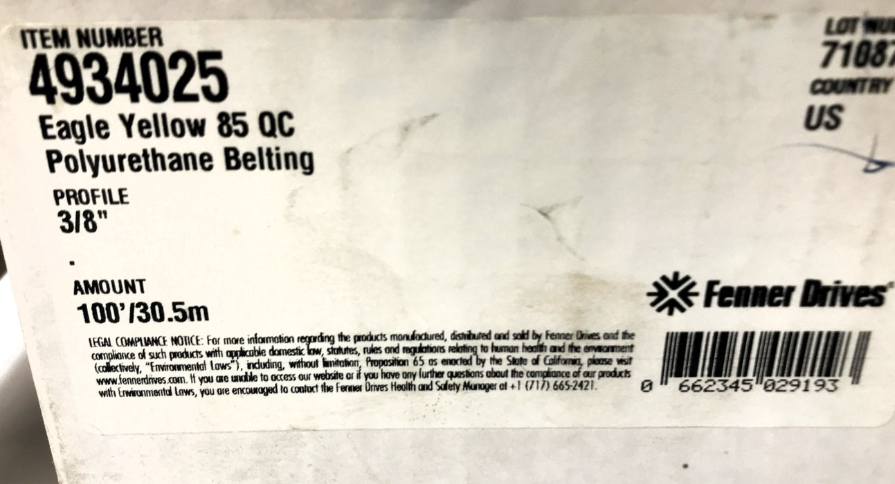 Fenner Drives Eagle 3/8" Approx 70 Foot Polyurethane Round Belting 4934025 NOS