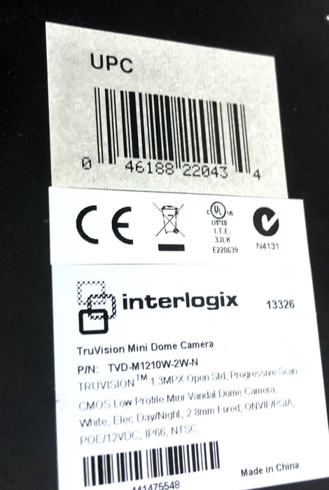 Interlogix 1.3MP Dome Camera (Untested) TVD-M1210W-2W-N USED