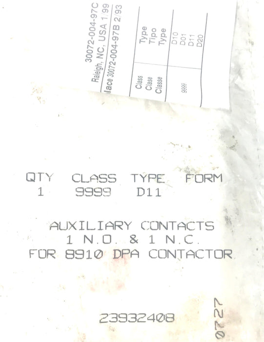 Square D Class 9999 Type D11 Contactor 9999D11 NOS