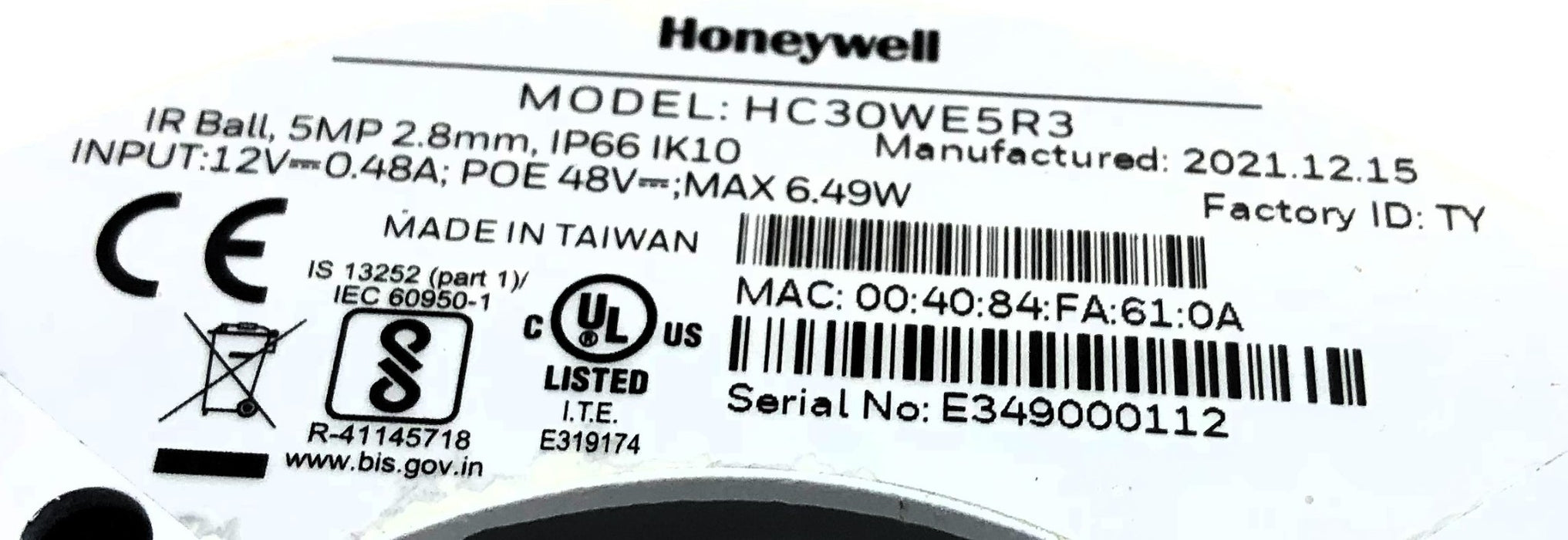 Honeywell Fixed Ball Security Camera (No Mount) (Untested) HC30WE5R3 USED