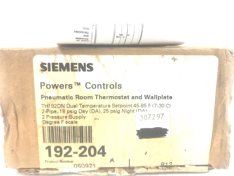 Siemens Pneumatic Room Thermostat and Wallplate 192-204 NOS