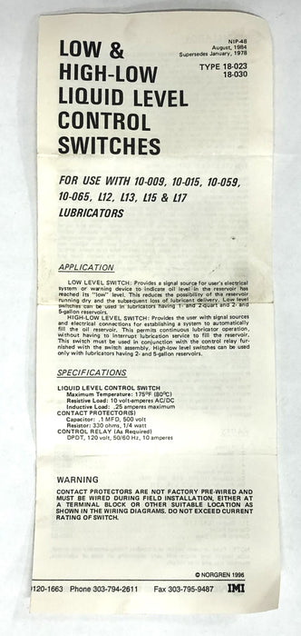 Norgren Liquid Level Switch 18-023-018 NOS