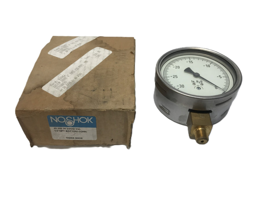 Noshok 1/4" NPT 4" Diameter Pressure Gauge 40.200-30 in H2O Vac. NOS