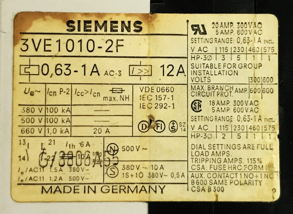 Siemens Protector Circuit Breaker 3VE1010-2F NOS