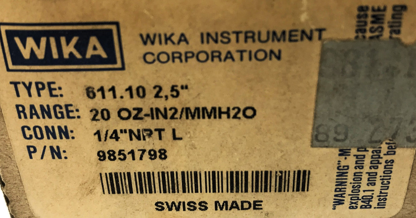 Wika 1/4" NPT Type 611.10 2.5" Pressure Gauge 9851798 NOS