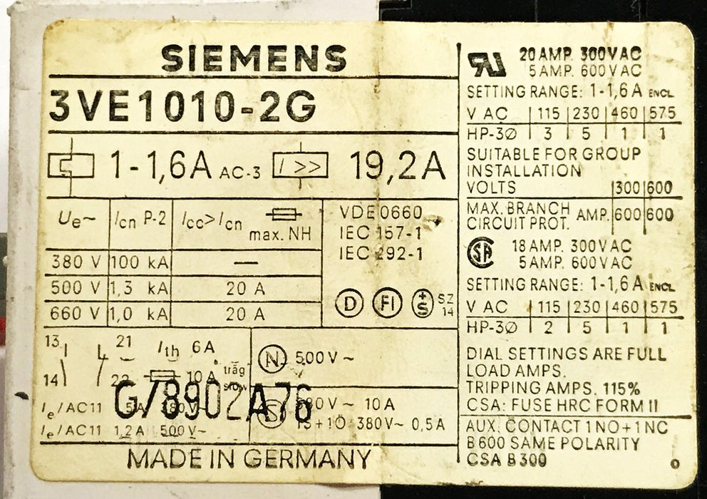 Siemens Protector Circuit Breaker 3VE1010-2G NOS