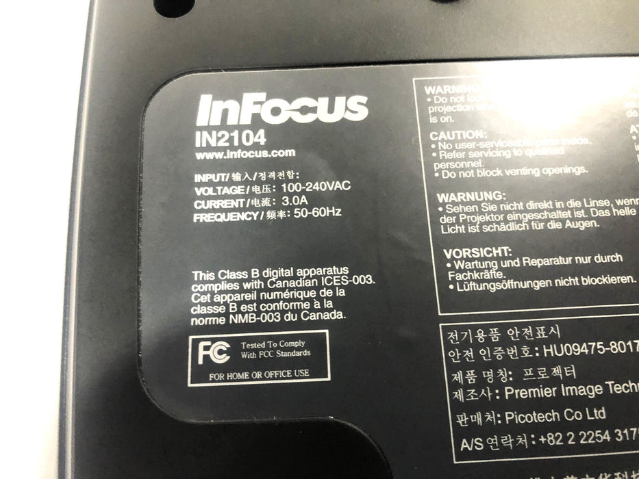 InFocus 100-240VAC 3.0A 50-60Hz Projector IN2104 No Power Cord Or Wiring USED
