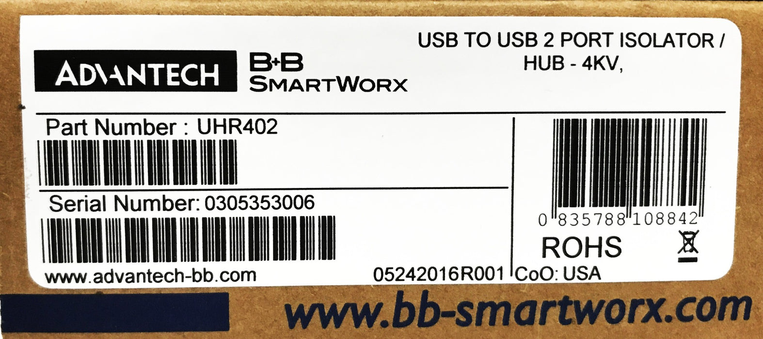 B&B Electronics USB to USB 2-Port Isolator Installation Package UHR402 NOS