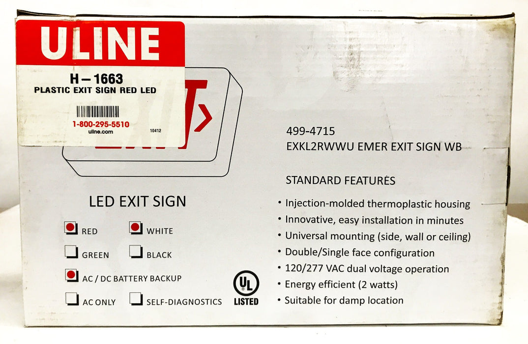 Uline Red and White Plastic "Exit" Sign H-1663 NOS