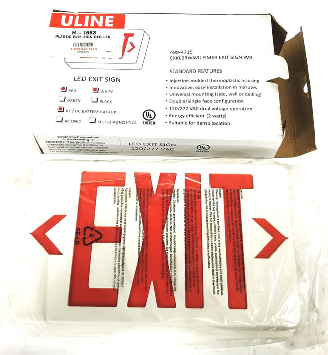 Uline Red and White Plastic "Exit" Sign H-1663 NOS
