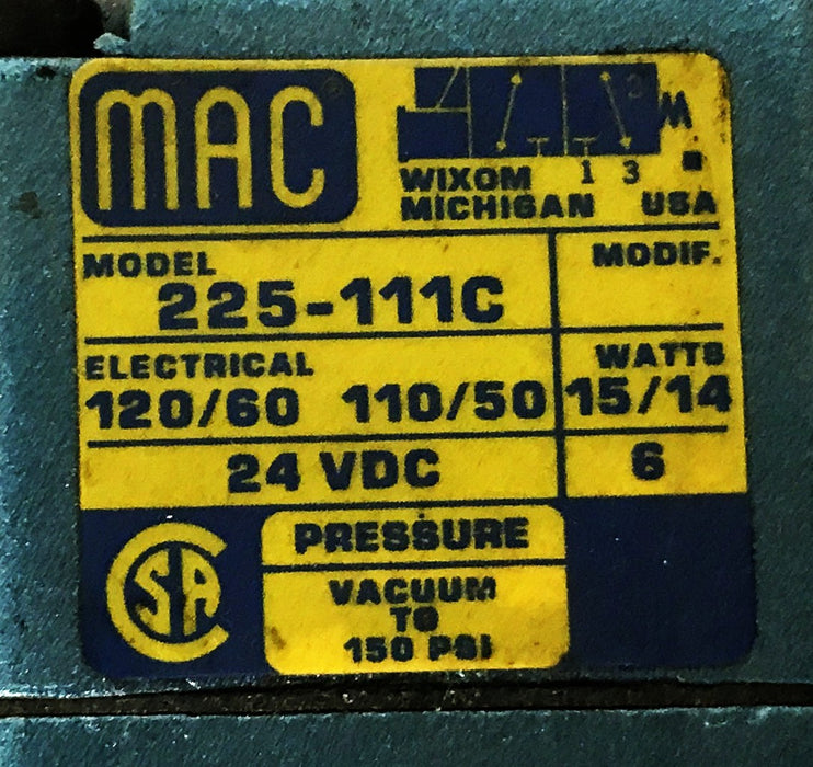 MAC Pneumatic Solenoid Valve 225-111C USED