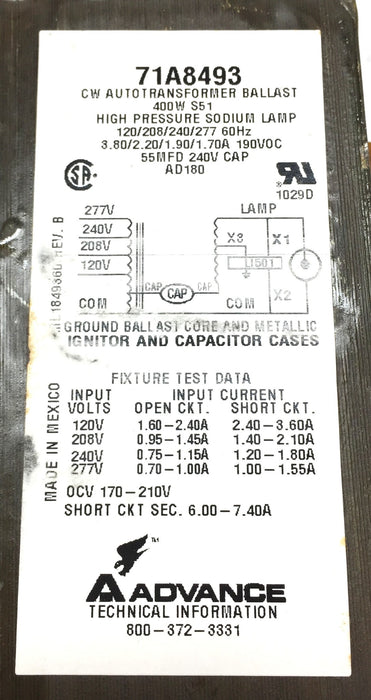 Philips Advance S51 1-400W HP Sodium Core/Coil Ballast Kit 71A8473-001D USED