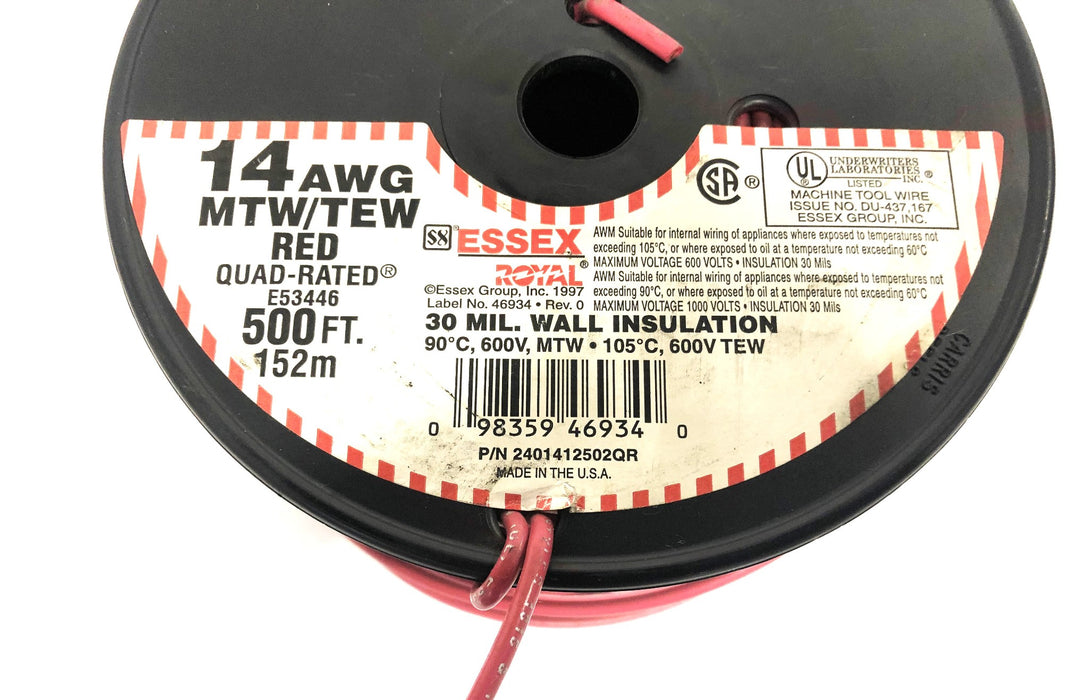 EssexRoyal 500FT 14AWG MTW/TEW Red Quad-Rated E53446 30mil Cable 2401412502QRNOS