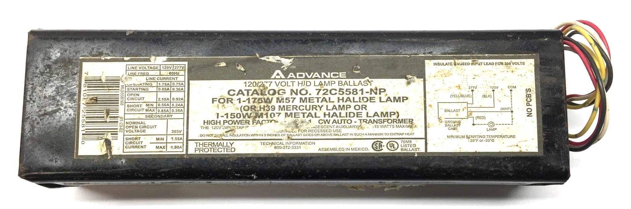 Advanced 120/277V HID Lamp Ballast 72C5581-NP for 1-175W M57 Metal Halide USED