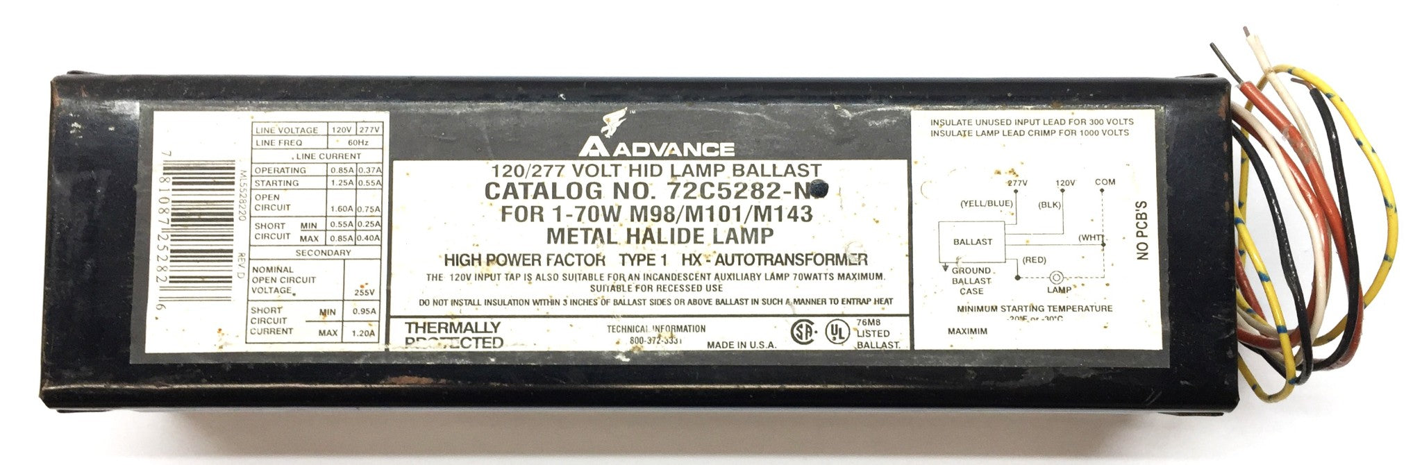 Advanced 120/277V HID Lamp Ballast 72C5282NP for 1-70W M98/M101/M143 USED