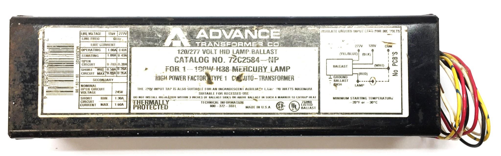 Advance Ballast 120/277V 60Hz HID Lamp Ballast 72C2584NP USED
