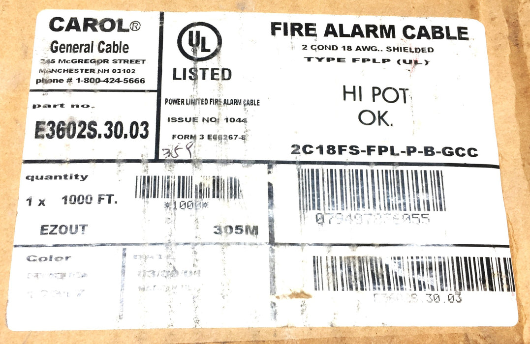 Carol 500' Plenum Fire Alarm RED Wire Cable 18/2C FPLP 18AWG E3602S.30.03 NOS
