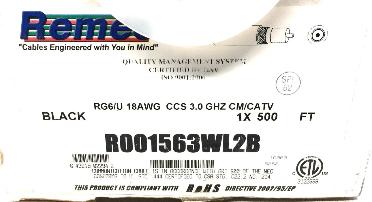 Remee Black 500' RG6/U 18AWG CCS 3.0 GHZ CM/CATV Wire Cable R001563WL2B USED