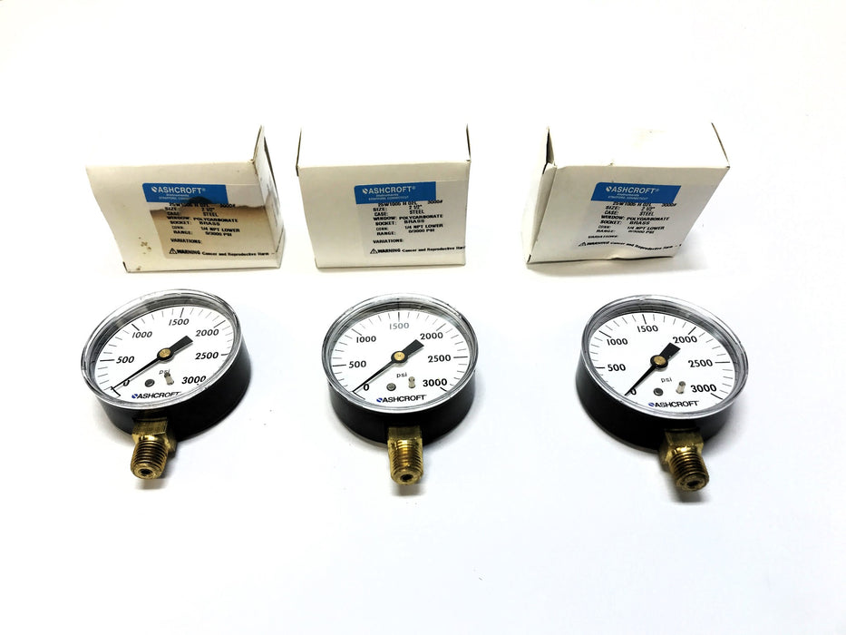 Ashcroft 1/4" NPT 0-3000 PSI Pressure Gauge 25W1005 H 02L 3000# [Lot of 3] NOS