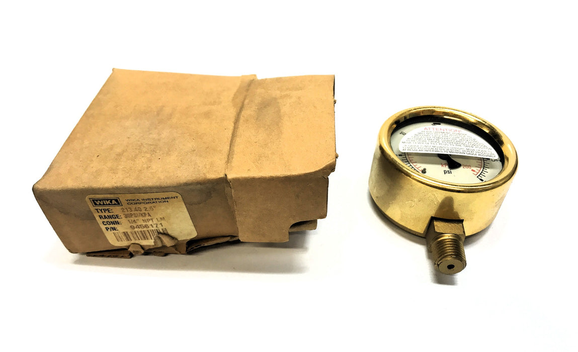 Wika 1/4" NPT 0-30 PSI Brass Pressure Gauge 9456171 (213.40 2.5") NOS