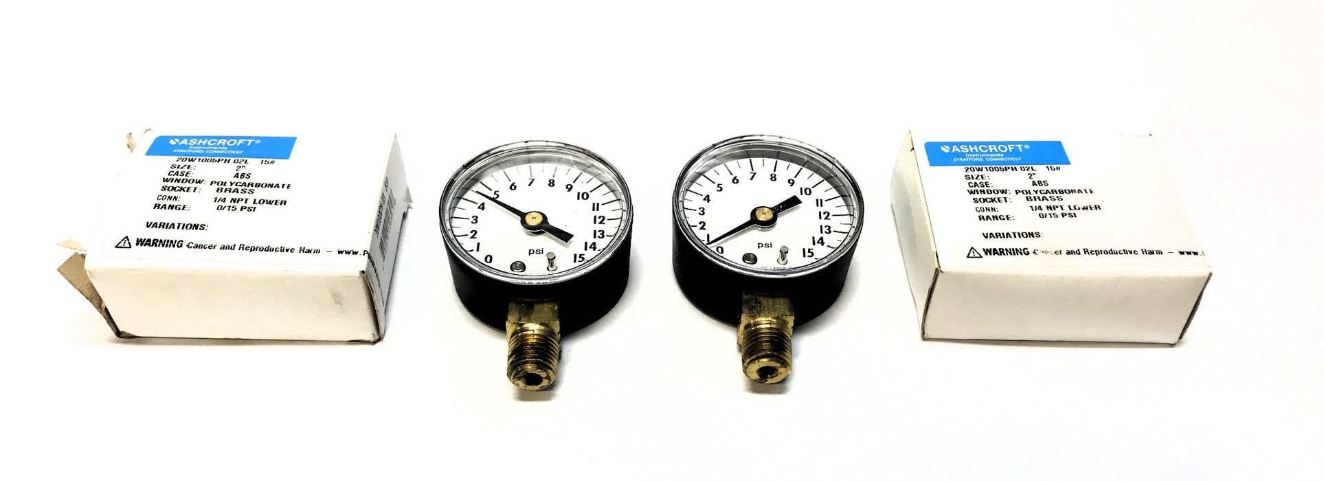 Ashcroft 1/4" NPT 0-15 PSI Pressure Gauge 20W1005PH 02L 15# [Lot of 2] NOS
