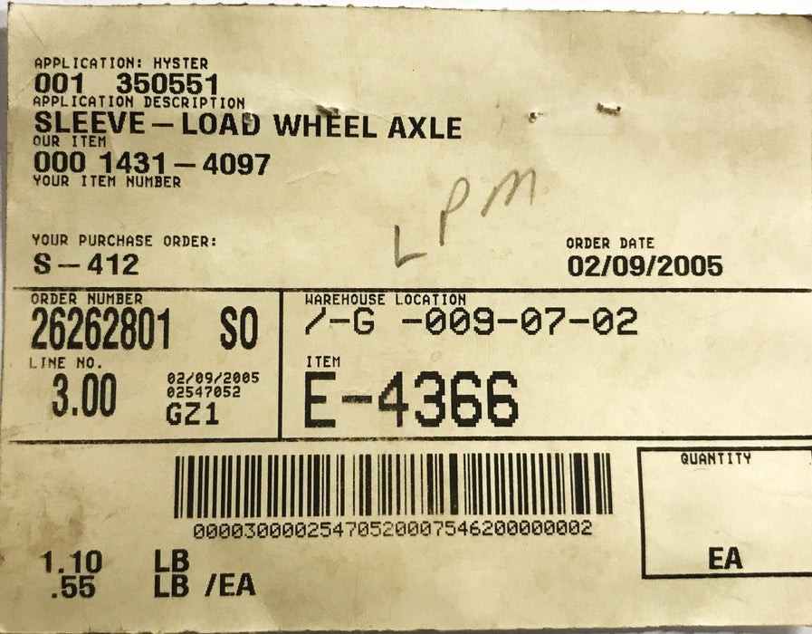 LPM Load Wheel Axle Sleeve 1431-4097 NOS