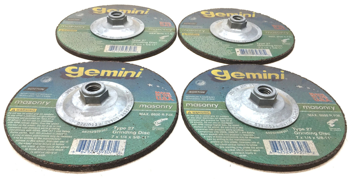 Norton Gemini 7"x 1/4"x5/8"-11 Grinding Wheel Type 27 66252939307 [Lot of 4] NOS