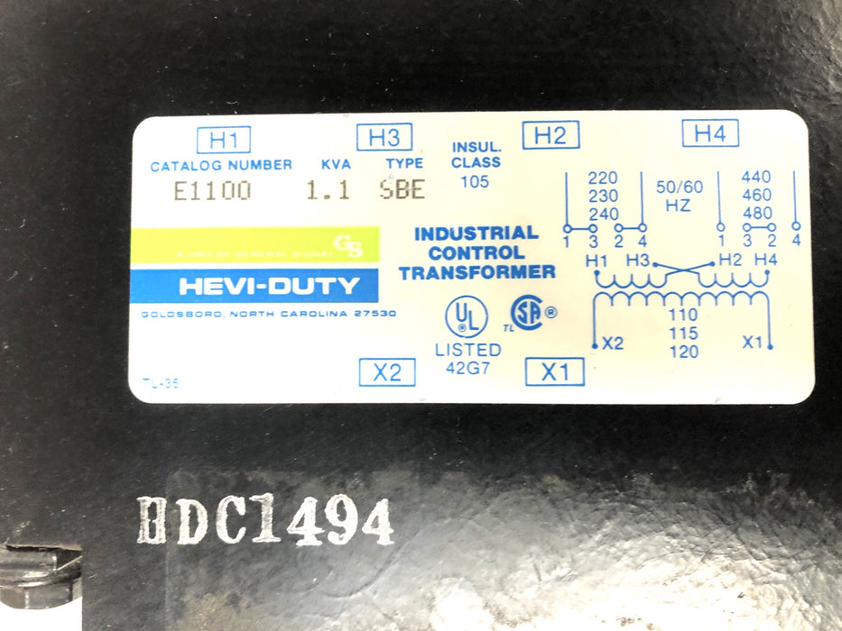 Hevi-Duty Type SBE 1.1 KVA Class 105 Industrial Control Transformer E1100 NOS