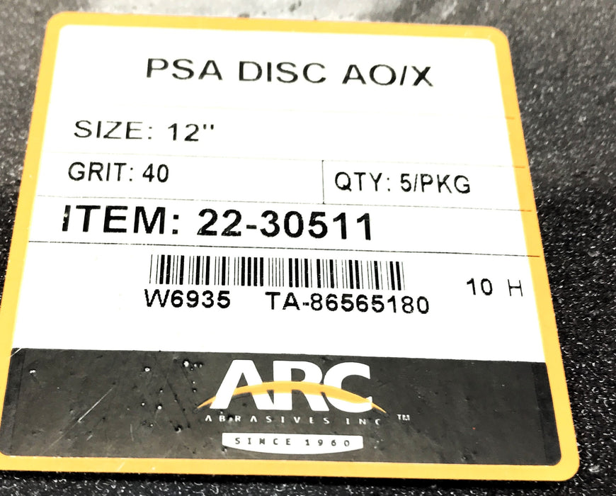 Arc Pack of (5) 12" 40 Grit PSA Sanding Disc 22-30511 NOS