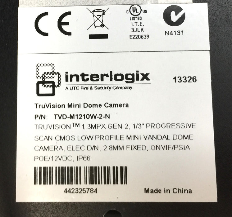 Interlogix 1.3MP Day/Night IP Mini Vandal Dome TVD-M1210W-2-N (Untested) USED