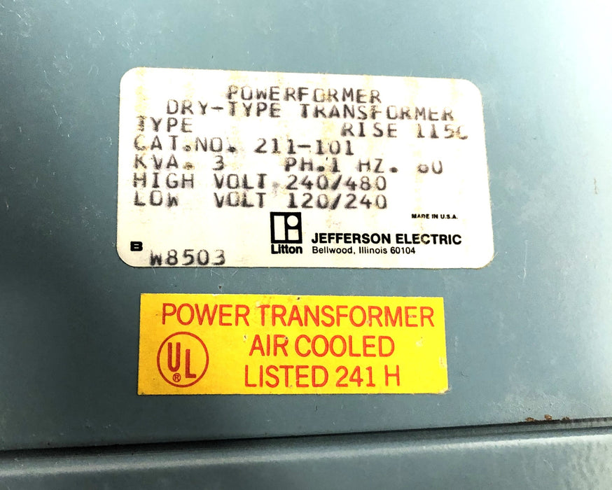 Jefferson Electric Powerformer Dry-Type 3 KVA 1 PH 60 Hz Transformer 211-101 NOS