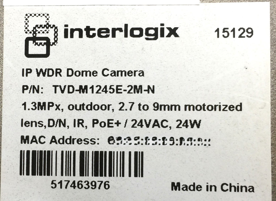 Interlogix 1.3MPx Outdoor IP WDR Dome Camera TVD-M1245E-2M-N (Untested) USED