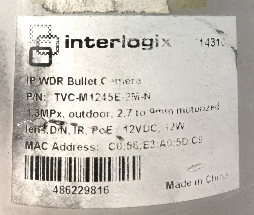 Interlogix 1.3MP HD Outdoor Bullet Camera w/Base TVC-M1245E-2M-N (Untested) USED