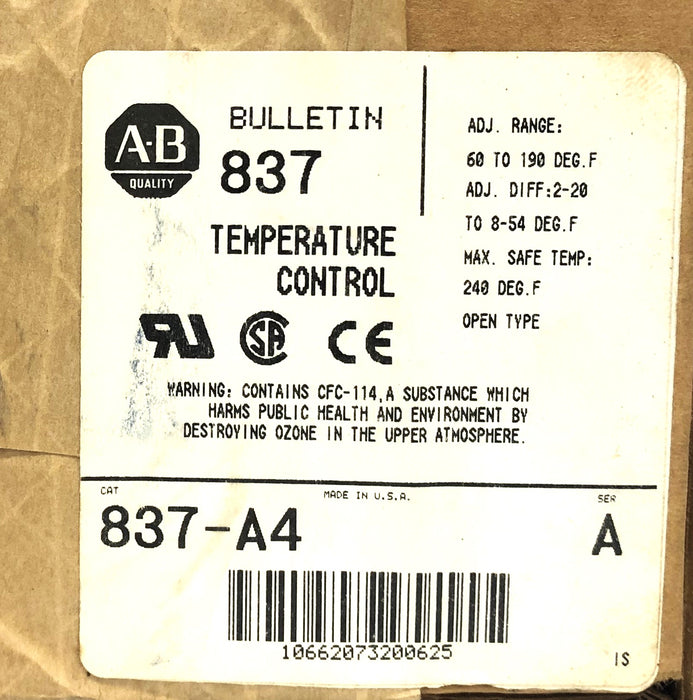 Allen-Bradley 60-190F Max Temp 240F Open Type Temperature Control 837-A4 NOS