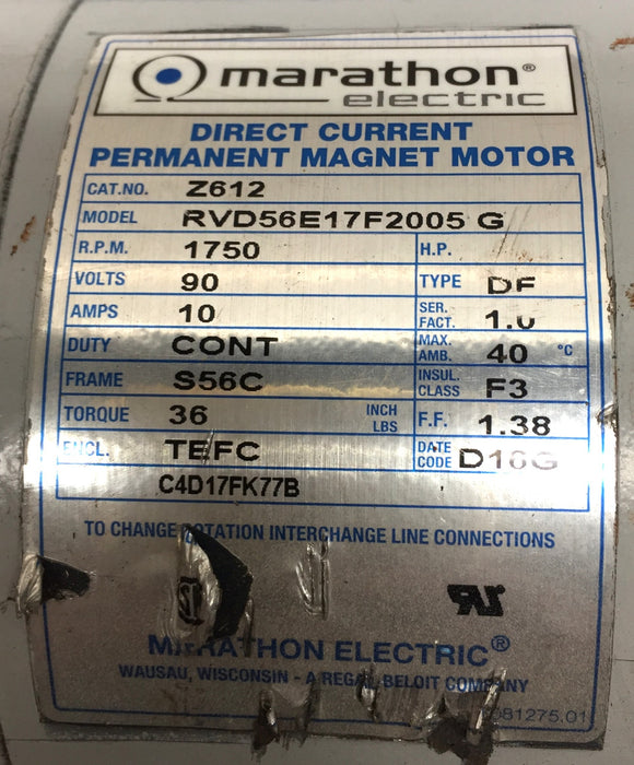 Marathon Z612 Direct Current Permanent Magnet Motor RVD56E17F2005G USED