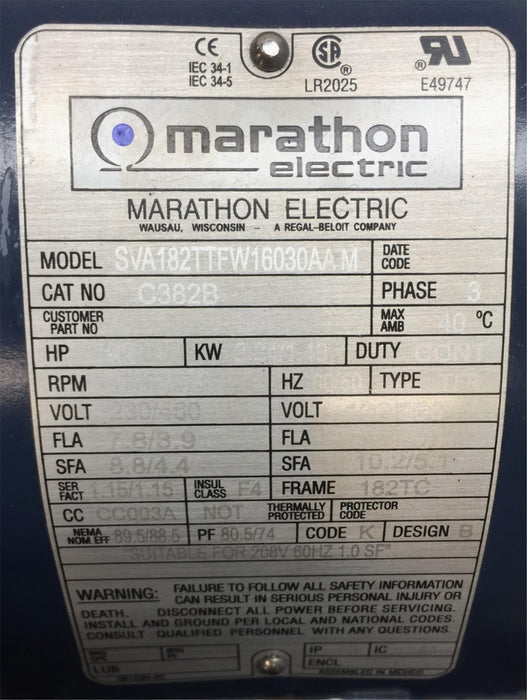 Marathon C382B 3-Phase Enclosed Gen. Purpose Rigid Base Motor SVA182TTFW16 NOS