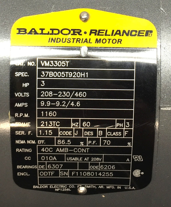 Baldor VM3305T 3-Phase Reliance Industrial Motor 37B005T920H1 NOS