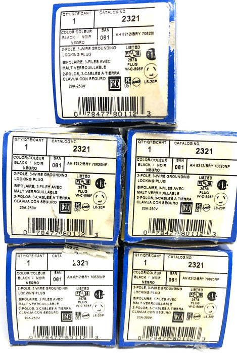 Leviton L6-20 20A-250V 2-Pole 3-Wire Grounding Locking Plug 2321 [Lot of 5] NOS