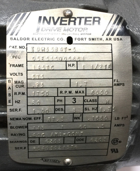 Baldor Inverter Super-Efficient 3-Phase Industrial Drive Motor IDM3584T-5 NOS