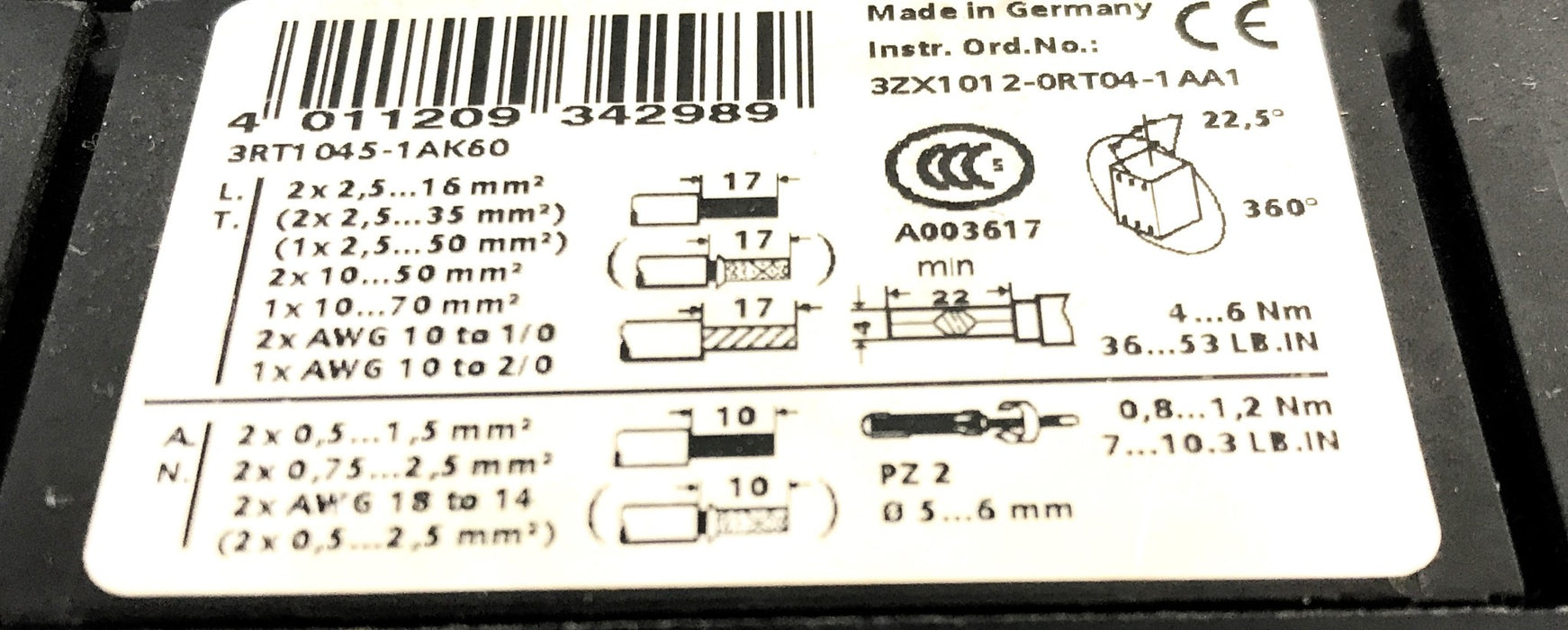 Siemens Contactor 3RT1045-1AK60 USED