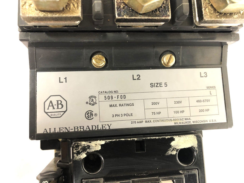 Allen-Bradley Size 5 Series L 3 Phase 3 Pole 270AMP-600VAC Starter 509-F0D NOS