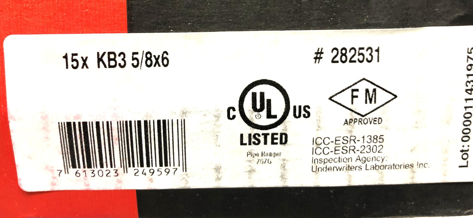 Hilti Box of 15 KB3 5/8x6 Inch Concrete Anchor KB3-5/8x6 (282531) NOS