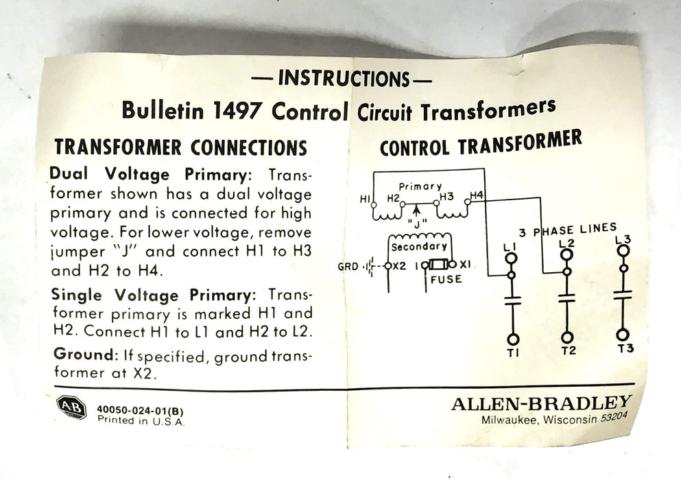 Allen- Bradley 500V Series A Control Circuit Transformer 1497-N18 (X-211493) NOS
