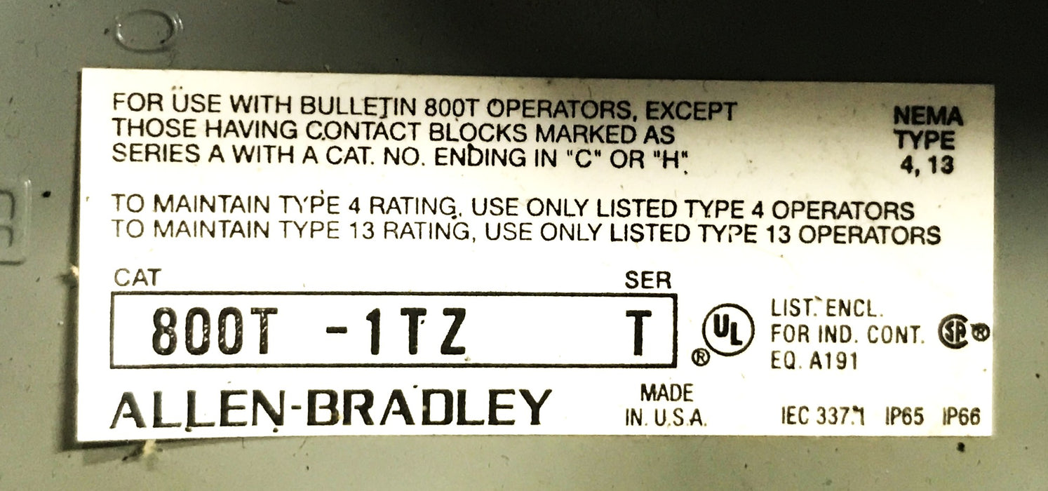 Allen-Bradley Enclosure with Red Pilot Light Assembly 800T-1ZT/800T-Q24 USED