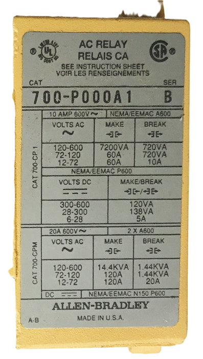 Allen-Bradley Series B Type P Control Relay 700-P000A1 NOS