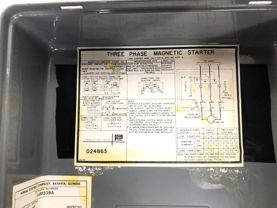Furnas Size 2 NEMA 1 3 Phase 45 AMP Magnetic Starter 14FF32BA NOS