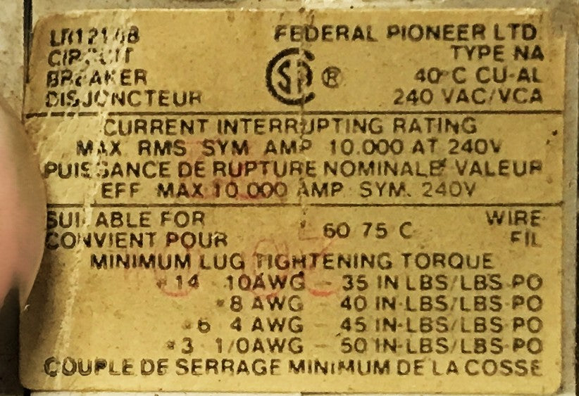 Federal Pioneer 3-Pole 60amp Circuit Breaker LR12188 USED