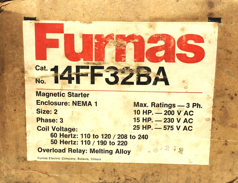 Furnas Size 2 NEMA 1 3 Phase 45 AMP Magnetic Starter 14FF32BA NOS